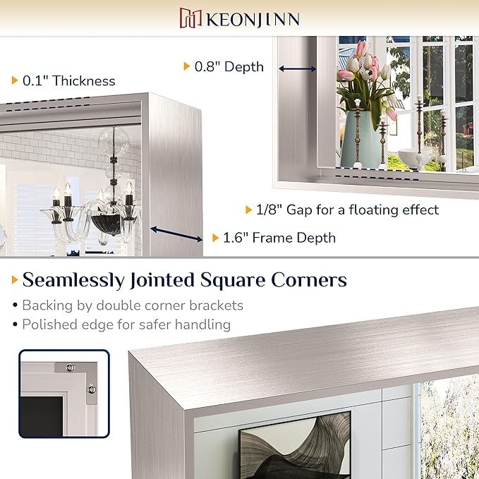 Keonjinn Brushed Nickel Bathroom Mirror for Wall 22 x 30 in, Rectangular Metal Framed Silver Mirror for Vanity Square Corner Aluminum Alloy Rectangle Modern Mirror for Over Sink(Horizontal/Vertical)