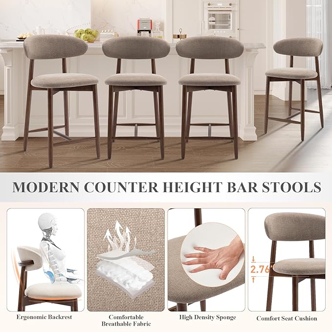 COLAMY Counter Height Bar Stools Set of 6, Kitchen Bar Stools with Back, Mid Century Modern Upholstered, with Wood Legs for Kitchen Island Dining Room, Camel