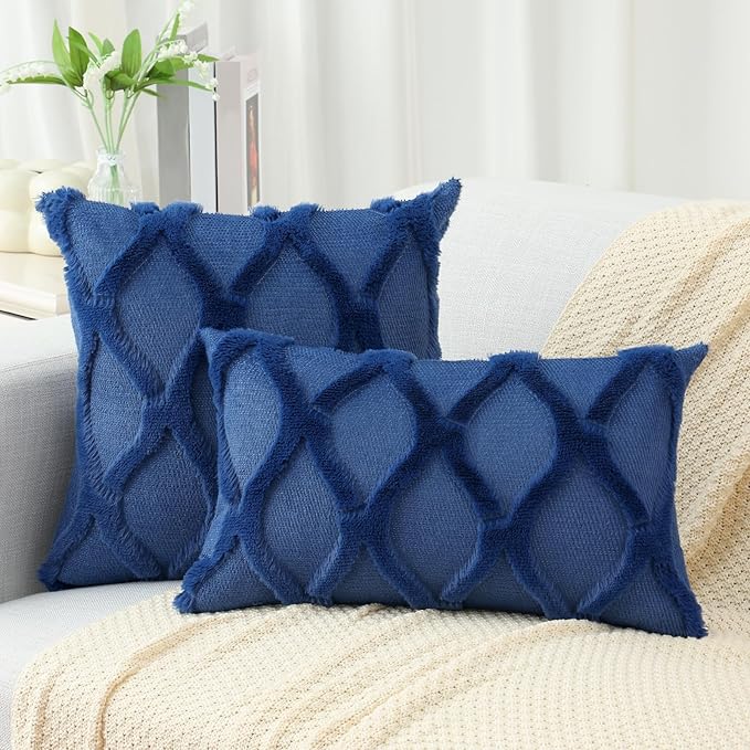 decorUhome Throw Pillow Covers 24x24 Inch Set of 2, Soft Plush Faux Fur Wool Dark Blue Couch Pillow Covers, Decorative Neutral Pillow Cases for Bed Sofa Living Room Home Decor