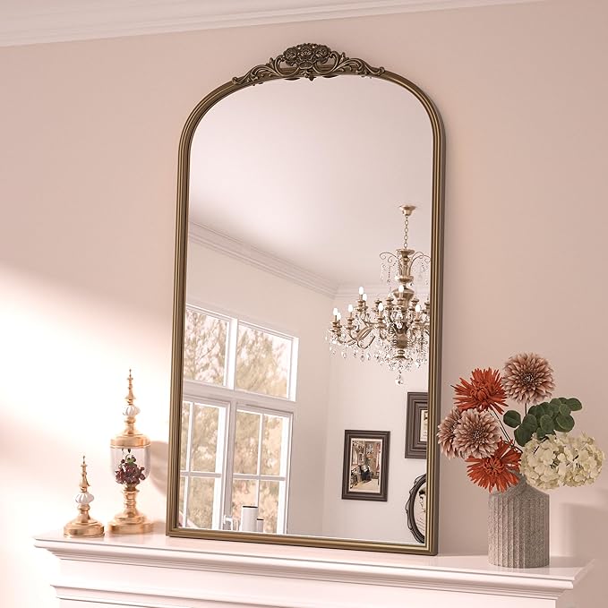 Keonjinn Vintage Gold Mirror 24" x 40", Large Mirror Decorative for Wall, Antique Bathroom Mirrors, Ornate Brass Mantle Mirrors, Baroque Decor for Entryway, Hallway, Living Room, French Cleat Mounting