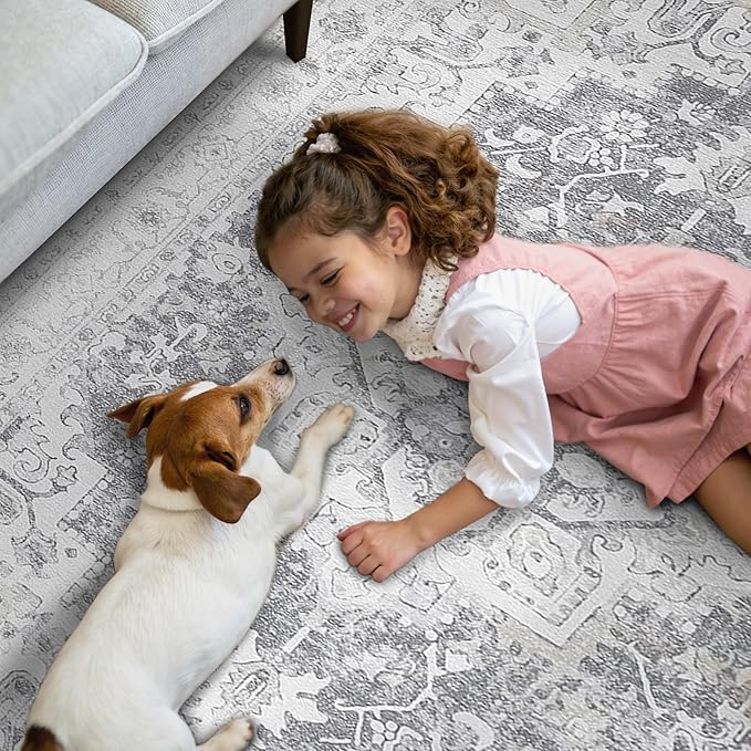 GENIMO Runner Rug 2x6, Machine Washable Non Slip Vintage Hallway Runner Rug, Low Pile Lightweiht Mat for Living Room, Entryway, Bedroom, Kitchen and Corridor, Gray