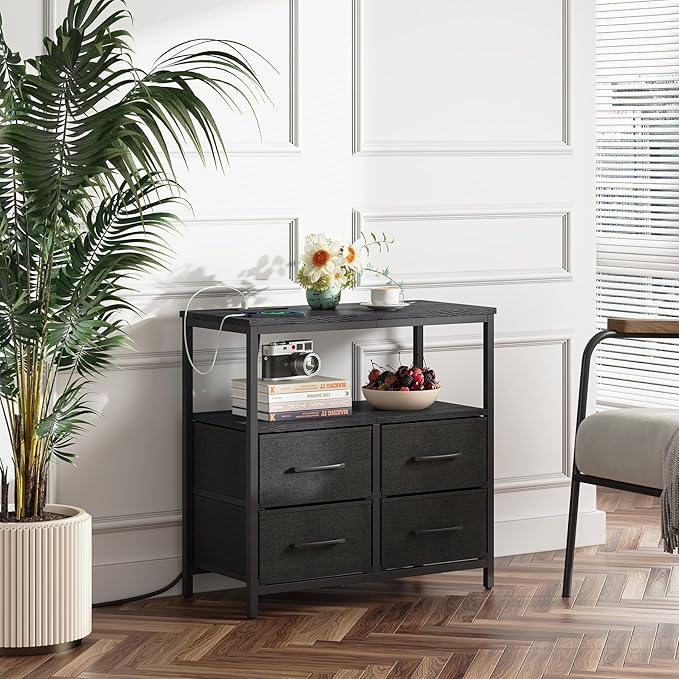 TUTOTAK Large Night Stand with Charging Station, Nightstand with USB and Type-C Port, Bedside Table with Cloth Drawers, End Table for Livingroom, Bedroom, Black TB01BK081