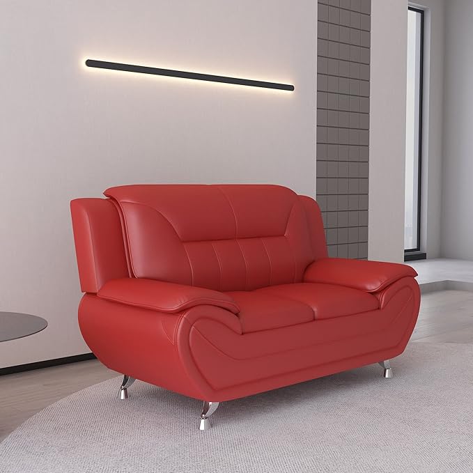 Container Furniture Direct Michael Modern Faux Leather Upholstered Stainless Steel Legs Living Room Loveseat, Red