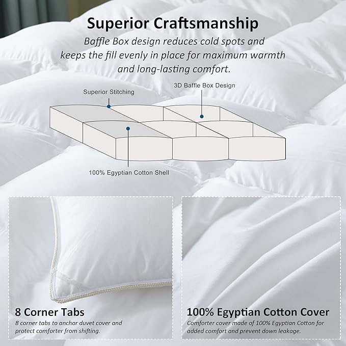 Luxurious All-Season Goose Down Feather Fiber Comforter King Size Duvet Insert, Premium White Solid Plain Design, Premium Baffle Box, 100% Egyptian Cotton, 80 oz Fill Weight