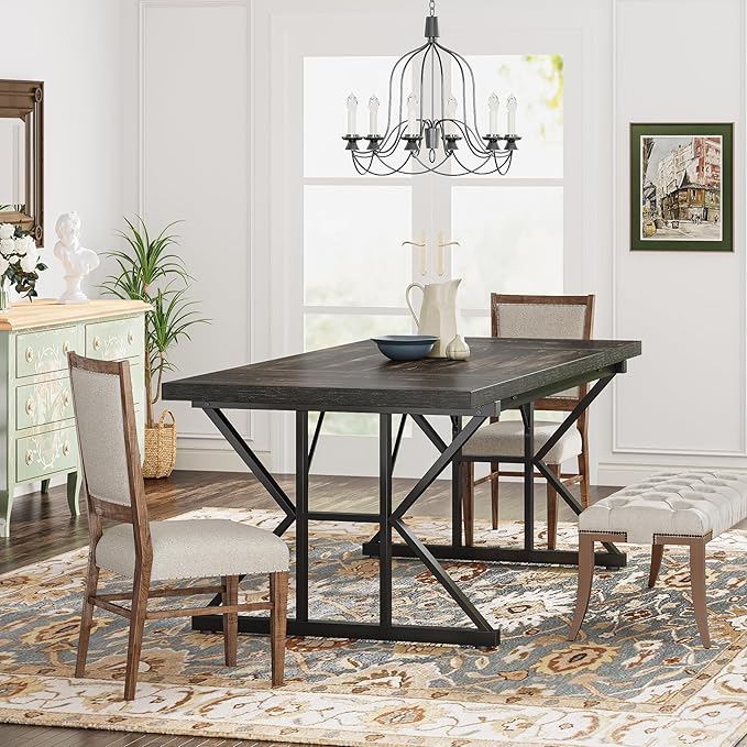 Tribesigns Farmhouse Dining Table for 6 People, 70.8-Inch Rectangular Wood Dining Table, Rustic Kitchen Table with Heavy Duty Metal Legs for Dining Room (Black, 70.8 Inch)