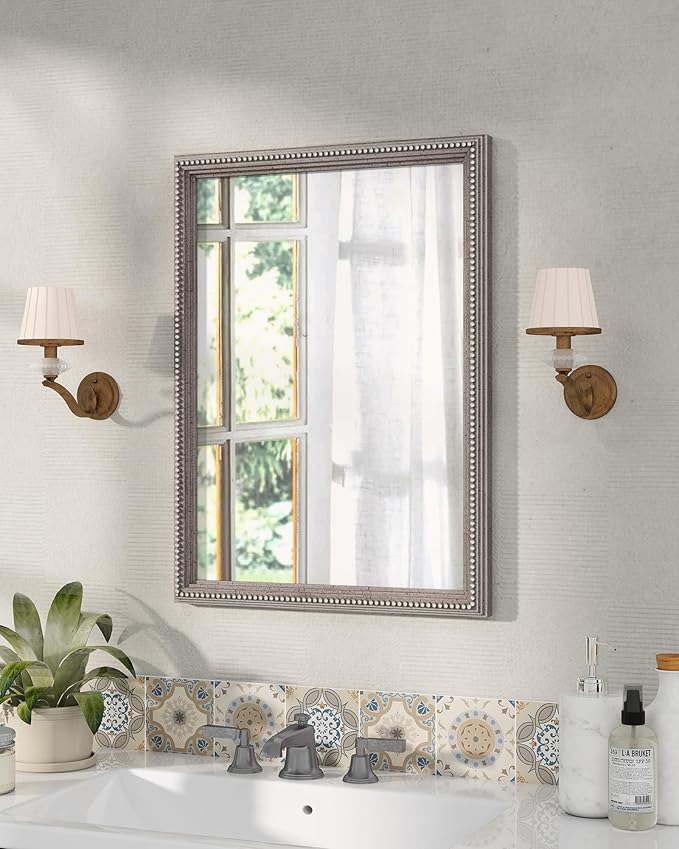 Axeman 22x30 Wood Wall Mirror, Rustic Bathroom Mirror, Vintage Wall Mounted Mirror Tempered Glass with Beaded Wooden Frame for Farmhouse Living Room Vanity Bedroom Entryway, Grey