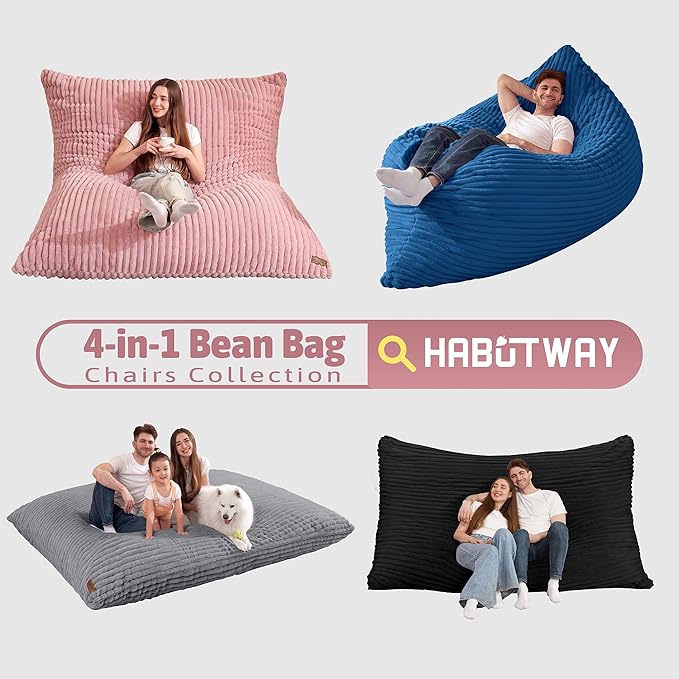 HABUTWAY 4-in-1 Bean Bag Chair, Convertible Chair with High-Density Memory Foam Filling & Machine Washable Cover, Giant Bean Bag Chair for Adults (Blue)