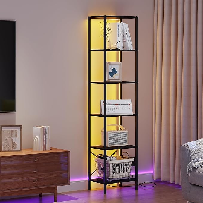 6-Tier Bookshelf, Tall Narrow Bookcase with LED Lights, Book Shelf with Steel Frame, Display Storage Shelf for Living Room, Bedroom, Home Office, Study, Balcony, Black