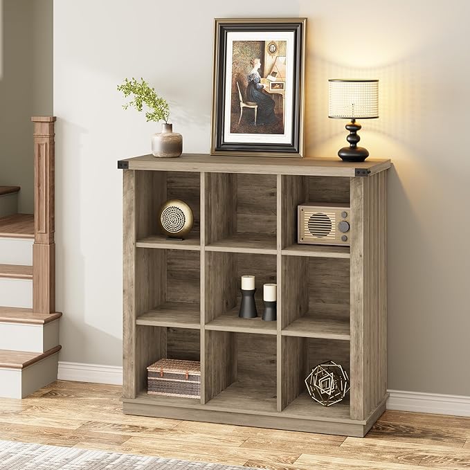 GarveeHome 9 Cube Storage Organizer Bookshelf, 4 Tier Farmhouse Horizontal Bookcase, 37.4 Inch Wood Storage Bookcase for Entryway, Long Low Bookshelves for Living Room-Grey