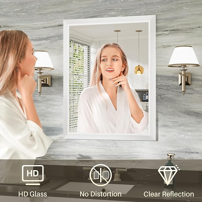 24x36 Inch White Bathroom Mirror for Wall, Thick Metal Framed Rectangle Mirrors for Over Sink, Bedroom, Living Room, Entryway, Anti-Rust, HD Tempered Glass