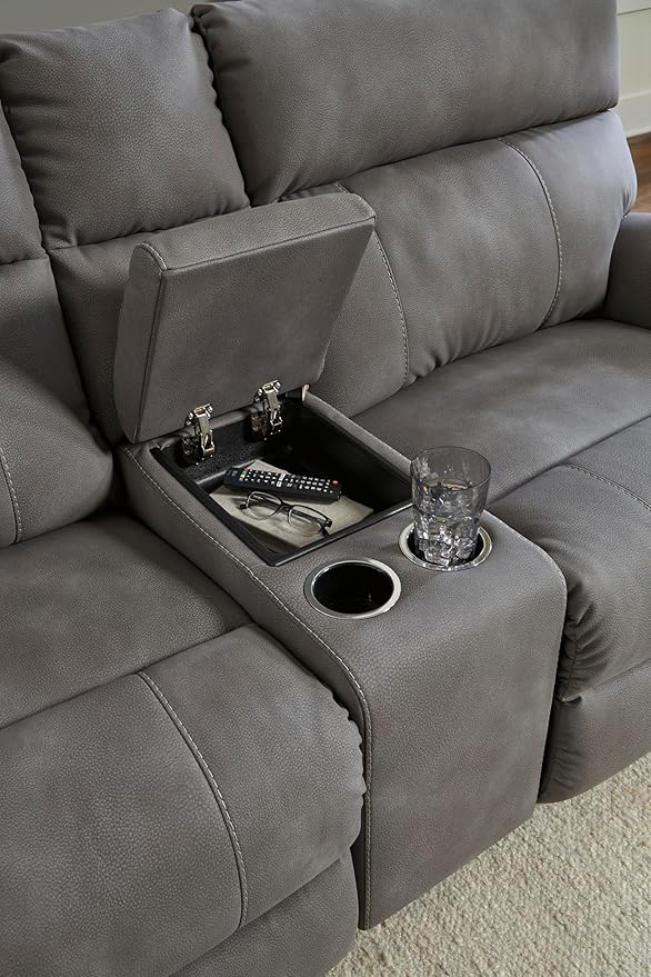 Signature Design by Ashley Next-Gen DuraPella Contemporary Faux Leather Modular Wall Hugger 3-Piece Power Reclining Sectional Loveseat with Console, Adjustable Headrest and USB Ports, Gray