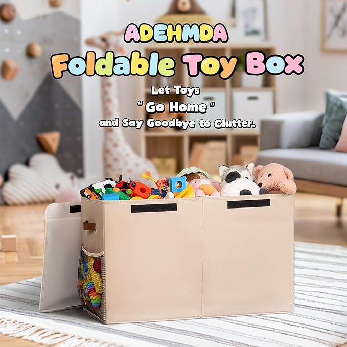 80L Large Toy Storage Box with Lid, Large Toy Box Chest for Kids, Girls and Boys, Nursery Room and Living Room, 26"x13" x16"- Dark Khaki
