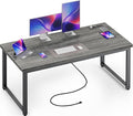 Huuger 55 x 24 inch Desk with Power Outlets & USB-C, Deeper & Thicker Desktop, Robust Metal Tubes, Computer Desk, Heavy Duty Office Desk, Work Gaming Desk for Home Office, Grey