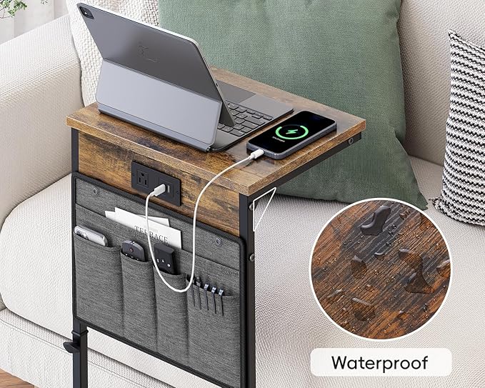 Vagusicc C Shaped End Table with Charging Station, 33" Tall Side Table for Couch, Sofa Table Adjustable Height Small Couch Side C Table, Slide Under Sofa Tray Arm Table for Living Room, Bedroom, Brown