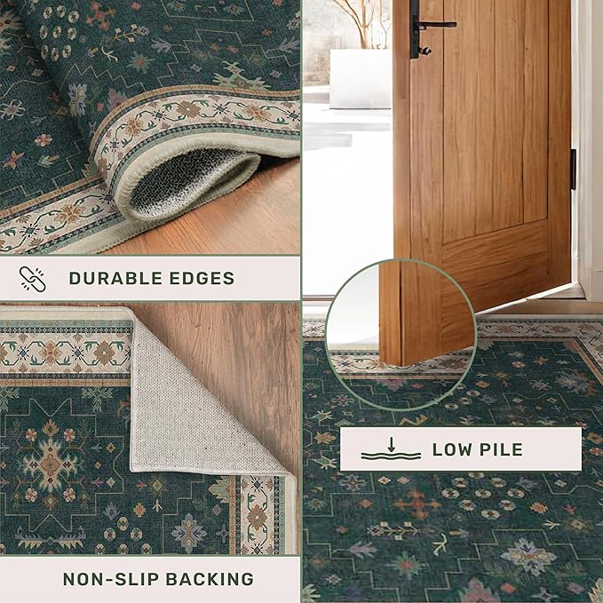 Vintage Dark Green 6x9 Dining Room Rugs for Under Kitchen Table - Washable Livinig Room Rug - Unique Floral Pastel Low Pile Non-Slip Large Area Rugs for Bedroom