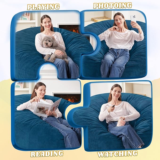 HABUTWAY 5FT Bean Bag Chair,Giant Bean Bag Chairs for Adults,Big Bean Bags with Memory Foam Filled, Large Beanbag Chairs with Soft Corduroy Cover-Dark Blue