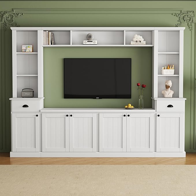 Merax Minimalism Entertainment Wall Unit with Bridge, Modern Media Console Table & Adjustable Storage Shelves for Living Room, Large TV Stand for Televisions Up to 75'', White