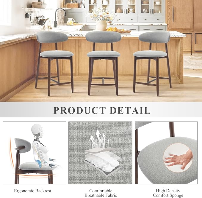 COLAMY Bar Stools Set of 2, Counter Height Bar Stools, Upholstered Counter Stools with Wood Legs for Kitchen Island Dining Room Bar, Light Grey