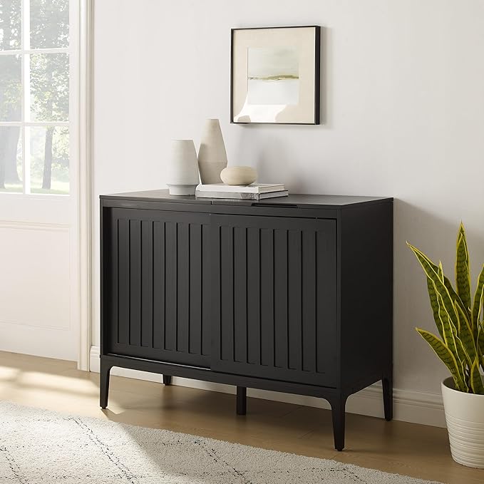 Crosley Furniture Asher Media Console and Record Player Stand with Storage for Vinyl Records, Matte Black