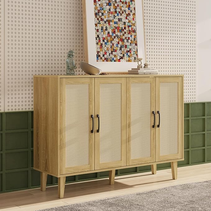Storage Cabinet with Rattan Trim - 4 Door Sideboard Buffet Cabinet with Storage and Shelves for Bathroom, Coffee Bar, Kitchen, Living Room, Hallway (Natural Wood)