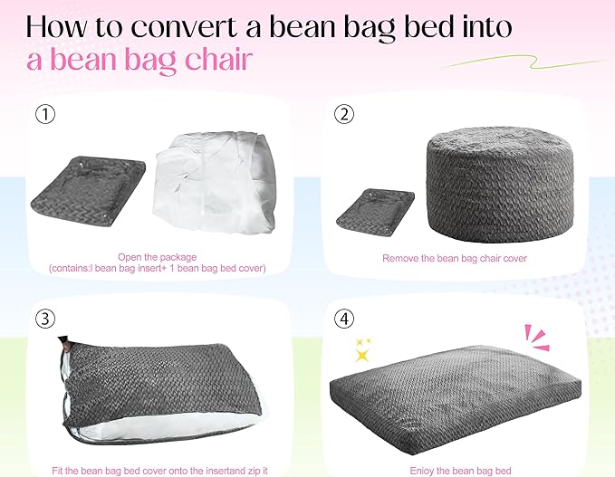 Hobestluk Bean Bag Chair Convertible Beanbag Chairs for Adults, 3 in 1 Bean Bags with Plush Chevron Cover, Adult Bean Bag Chair for Living Room, Bedroom (Pink, Queen)
