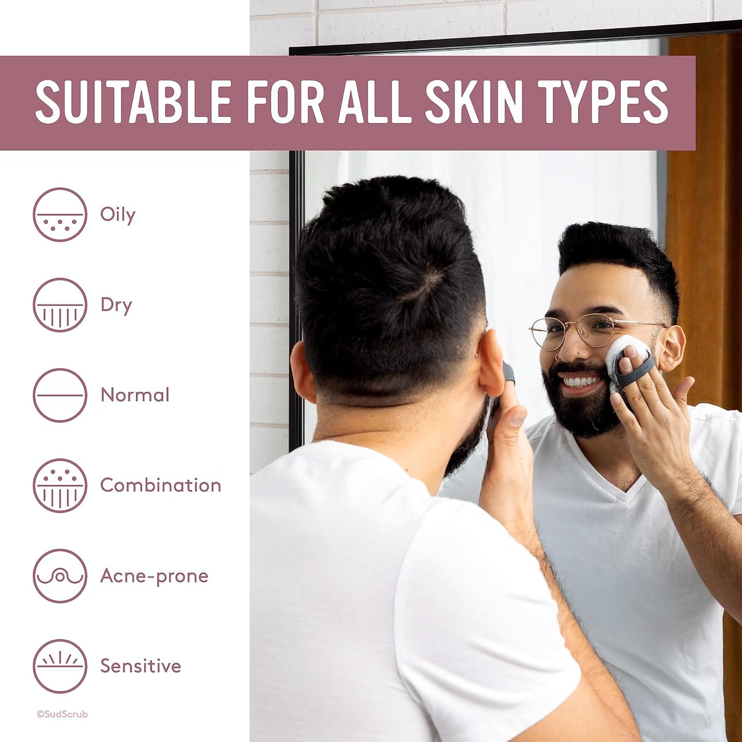 Sud Scrub® Antimicrobial Silicone Face Scrubber, 1 Pack, Gentle Face Exfoliator for Sensitive Skin, Eco Friendly Facial Cleansing Brush, Exfoliating Face Brush for Men and Women (Pink)