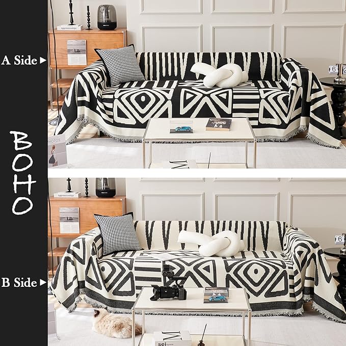 HANDONTIME Armchair Boho Sofa Covers for Dogs - Black & Beige Chenille Slipcovers for Chair, Recliner & Sectional Couch - Pets Protector - 71" x 71"