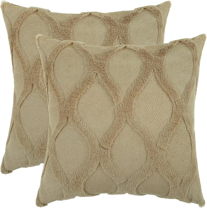 decorUhome Throw Pillow Covers 16x16 Inch Set of 2, Soft Plush Faux Fur Wool Khaki Couch Pillow Covers, Decorative Neutral Pillow Cases for Bed Sofa Living Room Home Decor