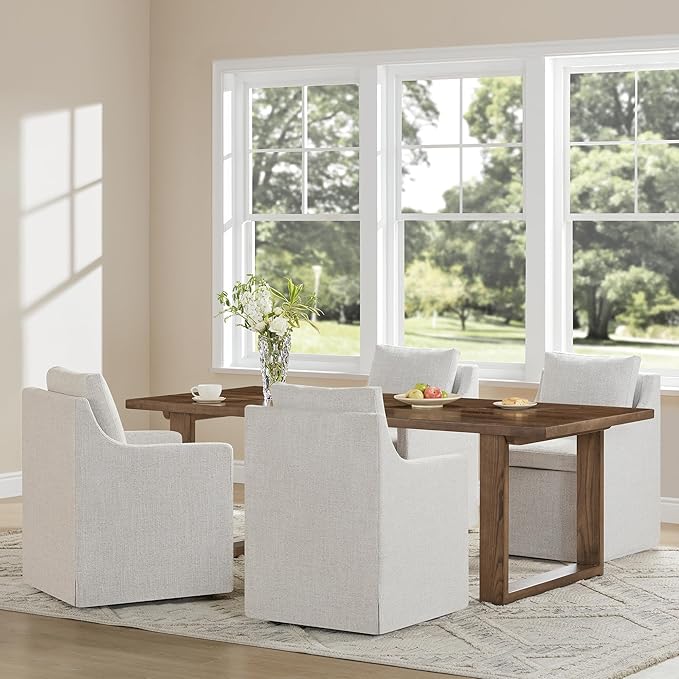 Upholstered Dining Chairs with Casters Easy Assembly Side Deskchair with Rollers for Diningroom, Living Room, Linen, 2 Box