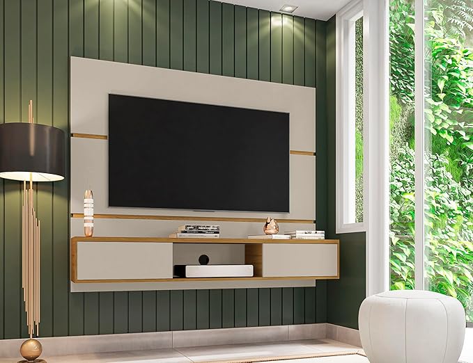 Manhattan Comfort Vernon 62" Floating Entertainment Center, Wall Mounted TV Stand for 55'' Television with Concealed & Open Storage, Hole for Cable Management, Off-White and Cinnamon