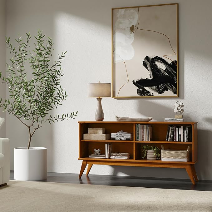SIMPLIHOME Draper Bookcase - 30 inch Tall Solid Hardwood Low Bookshelf in Teak Brown, Mid-Century Modern Storage for Living Room, Study Room or Office with Tapered Legs and Wide Open Shelves