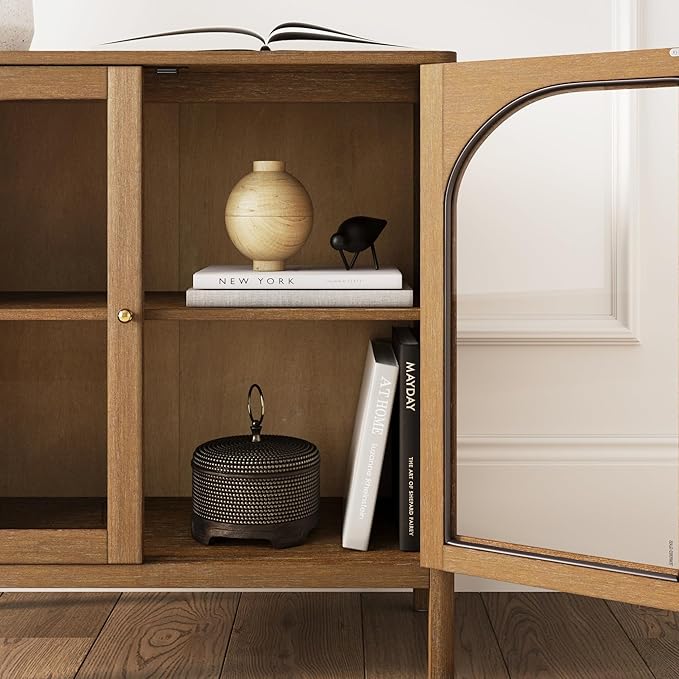 Nathan James Mason TV Stand, Free Standing Accent Sideboard Buffet, Credenza with Glass Doors and Adjustable Shelf in Brushed Light Brown Wood for Dining Room, Entryway and Living Room, Set of 2