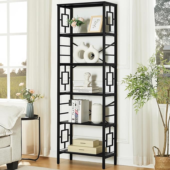 HOMISSUE Tall Bookshelf, Industrial Bookshelf with Metal Frame and Open Shelves, 6 Tier Metal Bookshelves and Bookcases, Rustic Bookcase, Tall Book Shelf for Office, Living Room and Bedroom, Black