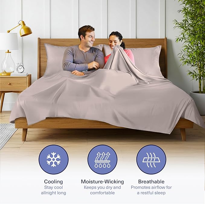 Kickoff Viscose Bamboo Sheets Queen Size 4-pc 100% Organic Bamboo Viscose Bed Cooling Sheets Queen Size Set Cool Bedding for hot Sleepers Sheet, Flat, Fitted, Pillowcases (Grey Mist, Q)