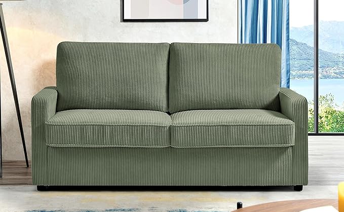 Reversible Sleeper Sofa Bed with Comfortable Memory Foam Mattress, Convertible Corduroy Full Size Pull Out Couch for Living Room, Space Saving Furniture, 70" Wide, Rectangular Arms, Dark Green