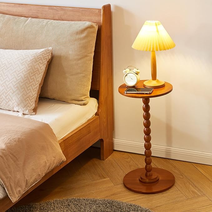 Round Wood Side Table, Small Decorative Table, Nightstand, Modern Side Table for Living Room Bedroom Small Space Cherry Wood Color YD-RST001C