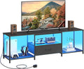 TV Stand with LED Lights, Entertainment Center with Open Shelves and Fabric Drawer, Media Console for 75 Inch TV, Television Stands for Living Room, Bedroom, Black