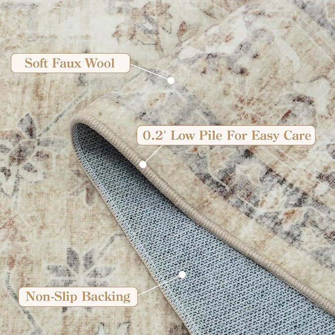 LIVEBOX Bedroom 4x6 Washable Area Rug for Entryway Kitchen, Non-Slip Soft Boho Rugs for Dining Room Office, Farmhouse Low-Pile Neutral Soft Carpet for Nursery Room Playroom, Tan