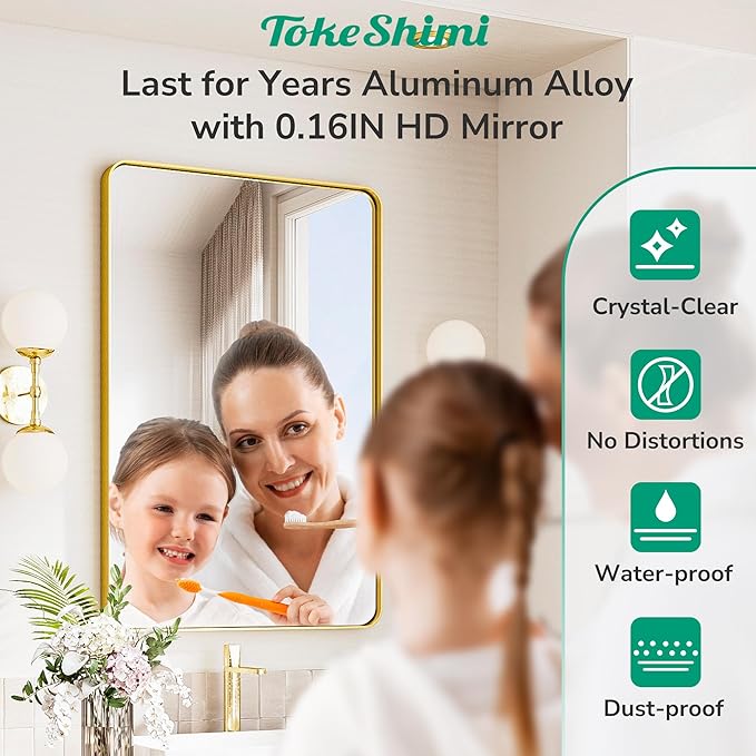 TokeShimi Brushed Gold Vanity Mirror 60x36,Bathroom Mirror Framed Aluminum,Tempered Glass,Rectangle Mirror for Bathroom,Shatterproof Bathroom Wall Mirror(Horizontal/Vertical)