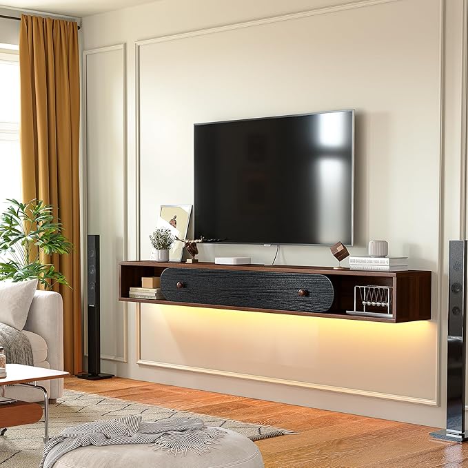 Floating TV Stand Wall Mounted 70'', Modern Media Console with 2 Open Cabinets and 1 Door,Wall Mount TV Console for Living Room Bedroom,Walnut and Black
