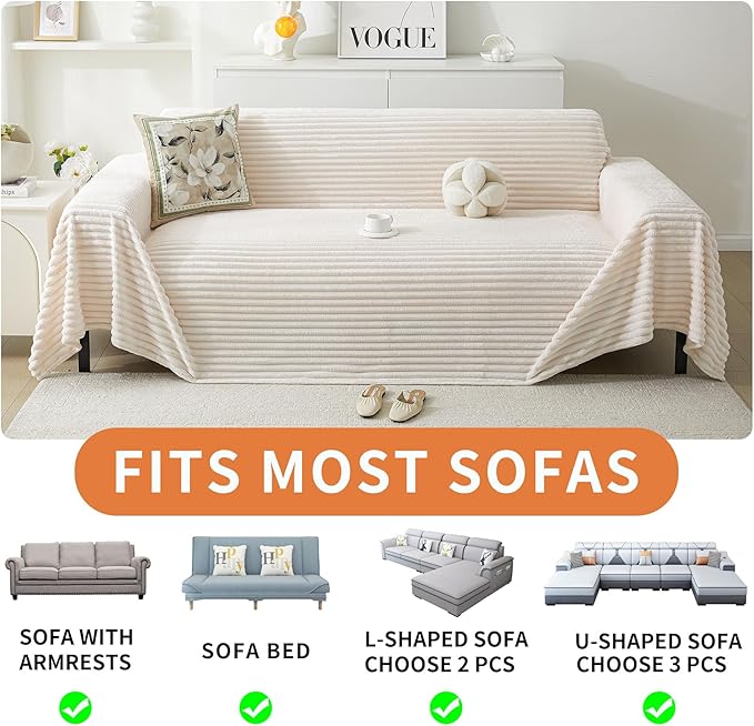 HAOMAIJIA Faux Fur Sofa Covers Couch Covers for 3 Cushion Couch Sofa Pet Friendly Soft Non Slip Couch Cover for Dogs Washable Sectional Couch Covers L Shape Furniture Protector (Off White, 71"x150")
