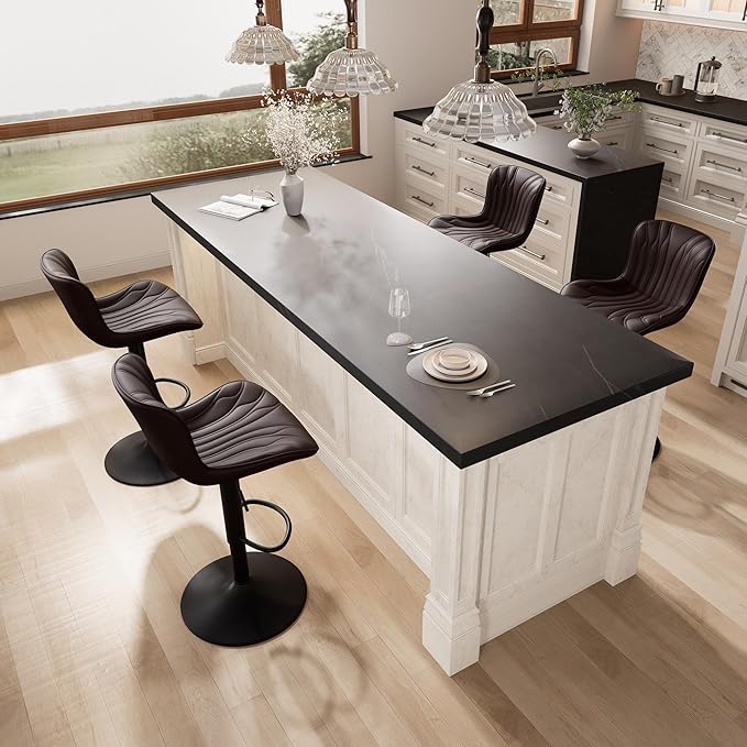 YOUNIKE Brown Bar Stools Set of 4 Modern Swivel Counter Height Bar Chair with Back Adjustable Kitchen Island Faux Leather Padded Barstools taburetes de bar Breakfast sillas para barra de cocina 4PCS
