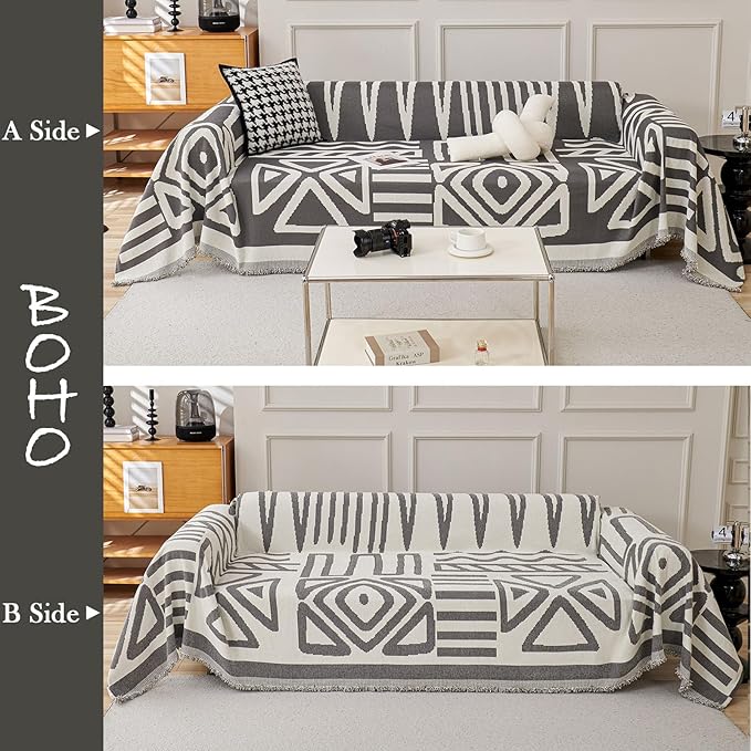 HANDONTIME Reversible Sofa Cover Boho Geometric Couch Cover for Dogs Dark Grey Couches Covers Washable Chenille Couch Covers for 3 Cushion Couch Pet Friendly Furniture Protector for Pets, 71" X118"
