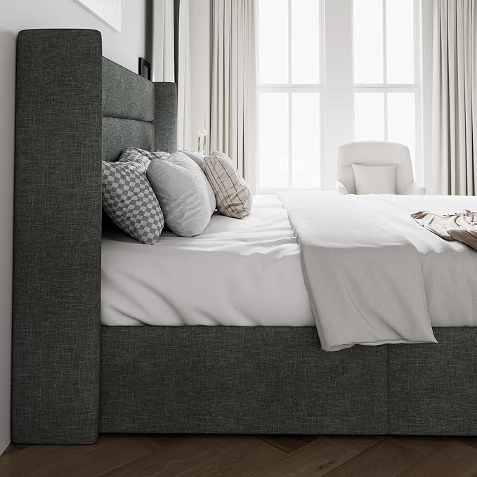 SHA CERLIN King Size Lift Up Storage Bed/Modern Wingback Headboard/Upholstered Platform Bed Frame/Hydraulic Storage/No Box Spring Needed/Wood Slats Support/Dark Grey