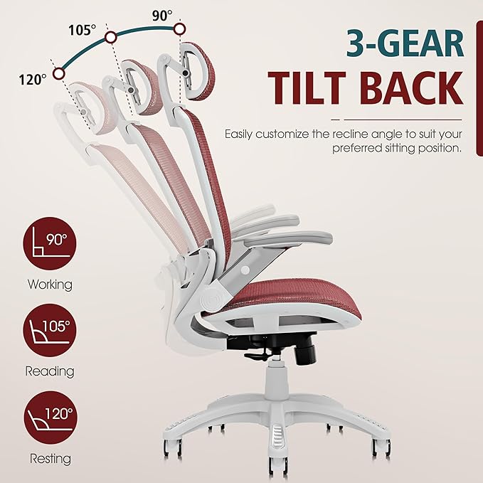 GABRYLLY Ergonomic Office Chair, High Back Home Desk Chair with Headrest, Flip-Up Arms, 90-120° Tilt Lock and Wide Cushion, 400LBS Mesh Chairs for Man Woman, White Task Chair(Red,GY01WR)