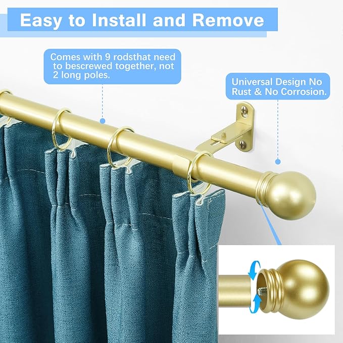 Curtain Rods for Windows 16 to 136 Inches, Curtain Rod Max Adjustable Length of 144 IN, 1" Diameter Drapery Rods Round Finials, Warm Gold, Pack of 2