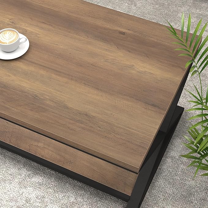 HSH Rustic Wood Coffee Table, Modern Farmhouse Living Room Table, Minimalist Center Table with Storage & Display Shelf, 2 Tier Simple Rectangle Cocktail Tea Table for Home Office Bedroom, 47 Inch