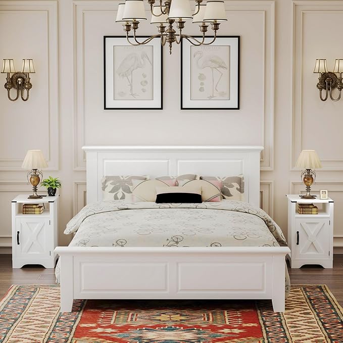 RoyalCraft Nightstand Set of 2, White End Table with Charging Station, Tall Farmhouse Bedside Table with Large Storage and Shelf, Wooden Side Table with for Bedroom, Home Office, White