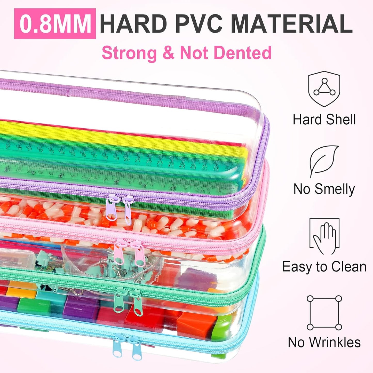 Hoolerry 4 Pcs Hard Clear Zipper Case Makeup Bags Plastic Pencil Pouch Transparent Storage Box Containers for Cosmetics, Snacks, Building Blocks, Puzzles(Pastel,13.2 x 4.7 x 2.4 in)