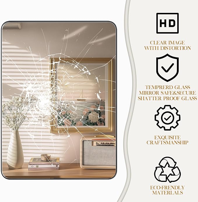20×28 Black Bathroom Mirror, Rectangular Bathroom Vanity Mirror for Wall with Rounded Corners & Aluminum Alloy Frame, Tempered-Glass, Modern, Farmhouse, Horizontal/Vertical, Entryway, Bedroom